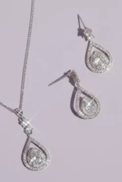Pave Crystal Teardrop Earrings And Necklace Set