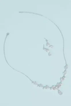 Pearl Cubic Zirconia Leaf Necklace And Earring Set
