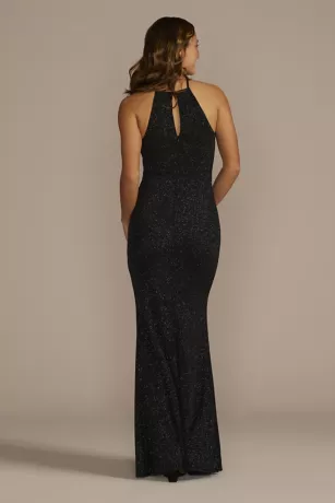 High Neck Glitter Sheath Dress With Slit - Image 2