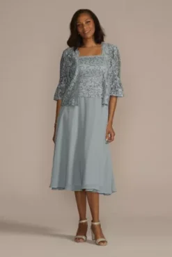 Tea Length Sequin Lace And Chiffon Jacket Dress