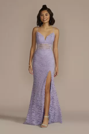 V-Neck Glitter Lace Sheath With Illusion Waist