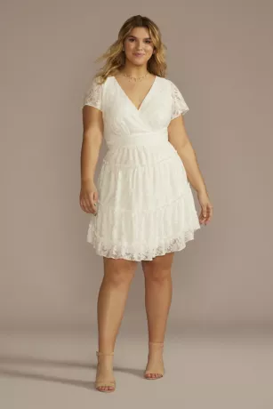 Short Flutter Sleeve Tiered Lace A-Line Dress
