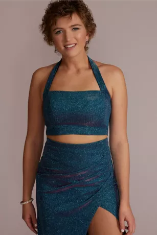 Metallic Glitter Two-Piece Set With Slit Skirt - Image 3