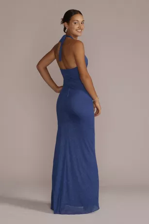 Ruched Glitter Crepe Halter Dress With Slit - Image 2