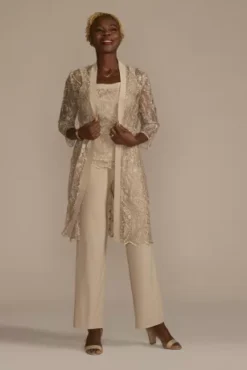 Three Piece Embroidered Sequin Lace Pants Suit