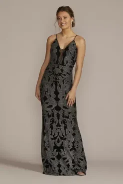 Glitter Brocade Sheath Gown With Illusion Plunge