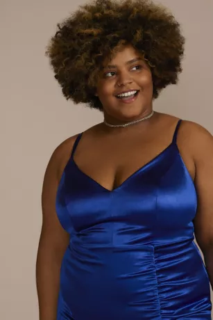 Stretch Satin Long Ruched Dress With Slit - Image 3