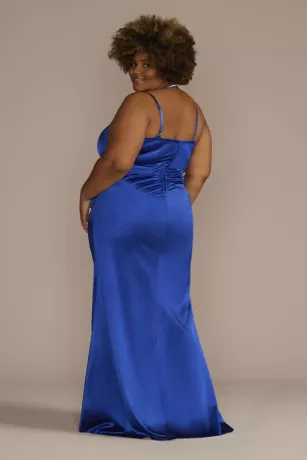 Stretch Satin Long Ruched Dress With Slit - Image 2