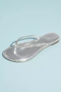 Metallic Thong Sandals With Pave Crystal Trim