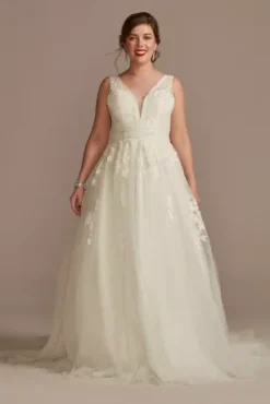 Embroidered V-Neck Wedding Dress With Tulle Skirt