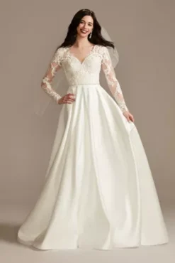 Long Sleeve Satin Applique Wedding Dress