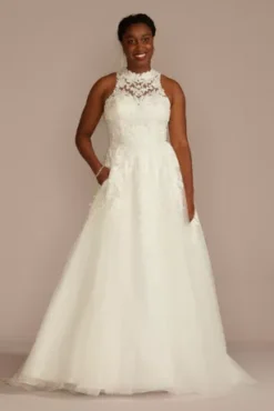 High Neck Lace Applique Tulle Wedding Dress