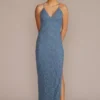 Glitter Stretch Lace V-Neck Sheath Gown