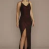 Cowl Neck Metallic Glitter Knit Sheath With Slit