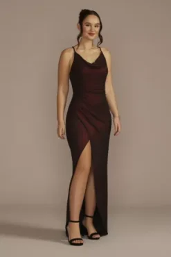 Cowl Neck Metallic Glitter Knit Sheath With Slit