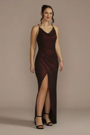 Cowl Neck Metallic Glitter Knit Sheath With Slit