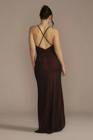 Cowl Neck Metallic Glitter Knit Sheath With Slit - Image 2