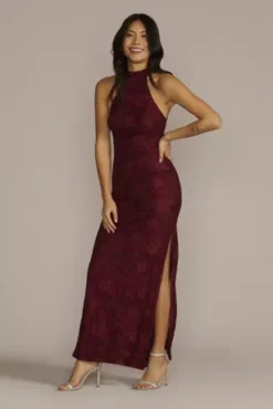 Allover Lace Halter Gown With Slit