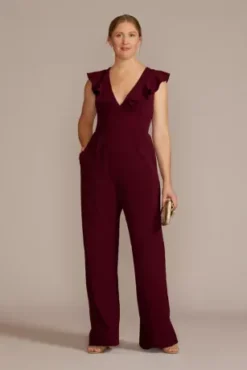 Plunging Ruffled Crepe Jumpsuit