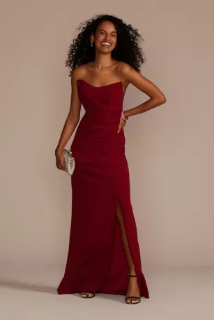 Strapless Draped Crepe Sheath With Slit