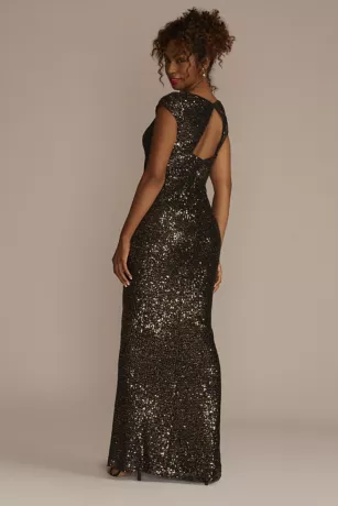 Cap Sleeve Allover Sequin Sheath Dress With Slit - Image 2