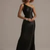 One-Shoulder Satin Sheath With Skirt Slit