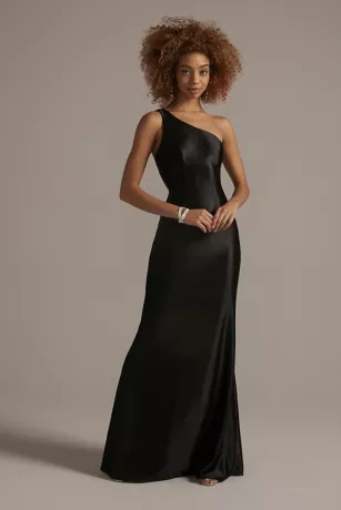 One-Shoulder Satin Sheath With Skirt Slit