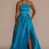 Embellished High Neck Satin Ball Gown With Slit