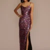 Cowl Neck Allover Sequin Dress With Slit