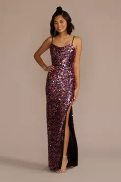 Cowl Neck Allover Sequin Dress With Slit