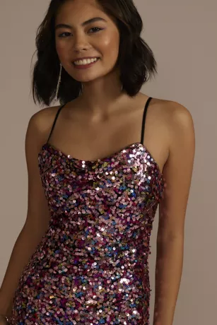 Cowl Neck Allover Sequin Dress With Slit - Image 3