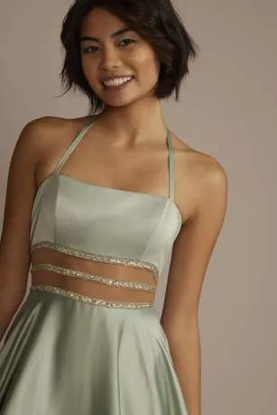 Charmeuse Halter A-line With Beaded Illusion Waist - Image 3