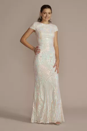 Cap Sleeve Iridescent Patterned Sequin Sheath