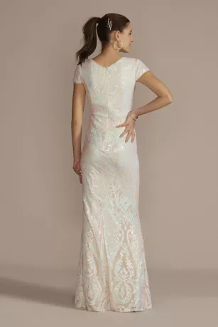 Cap Sleeve Iridescent Patterned Sequin Sheath - Image 2