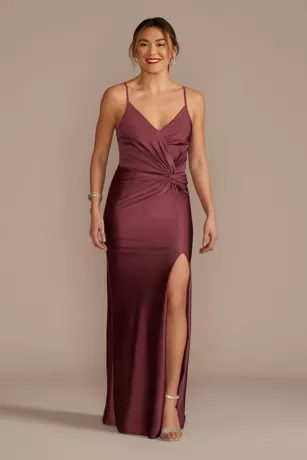 Twist Front Stretch Satin Sheath Dress With Slit