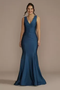 Draped Stretch Satin Plunging Mermaid Dress