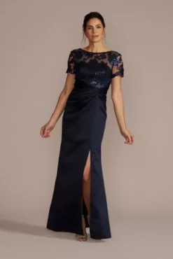 Satin Sheath Gown With Lace Illusion Neck