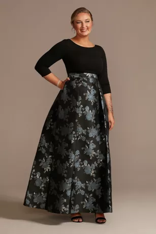 Crepe Ball Gown With Pleated Brocade Skirt