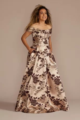 Twist Front Off-Shoulder Brocade A-Line