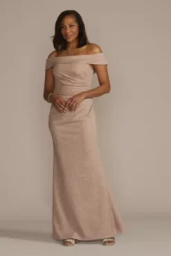 Off-the-Shoulder Draped Glitter Knit Sheath