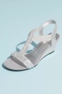 Crystal Pull On Metallic T-Strap Wedge Sandals