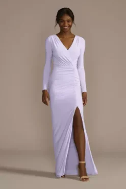 Long Sleeve Ruched Jersey Sheath Bridesmaid Dress