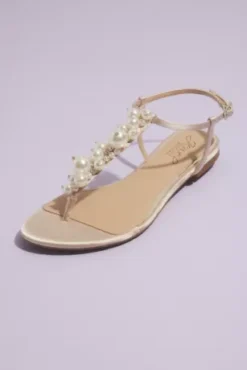 Pearl Bauble Satin T-Strap Flat Sandals