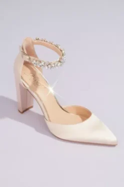 Pointed Toe Block Heels With Crystal Ankle Strap