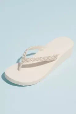 Bead And Pearl Satin Strap Thong Platform Sandals