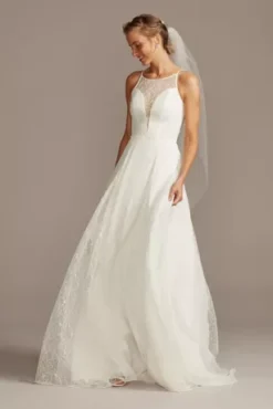 High Neck Illusion And Lace Godet Wedding Dress