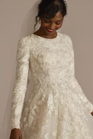 Beaded Lace Long Sleeve Modest Wedding Dress - Image 3