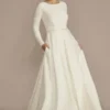 Belted Long Sleeve Crepe Modest Wedding Dress