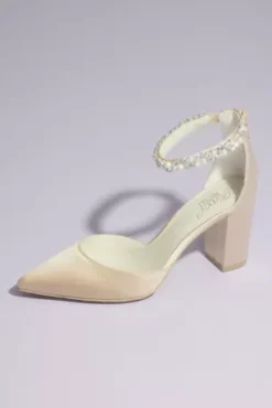 Pointed Toe Satin Block Heels With Crystal Strap