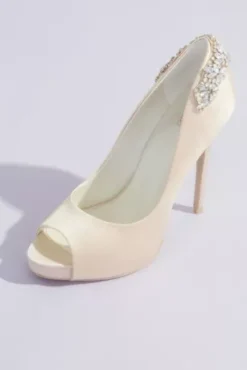 Crystal-Wrapped Satin Peep-Toe Platform Heels